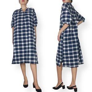Vtg Heart Market Navy Gingham Plaid Cotton Midi Dress Fits S-L